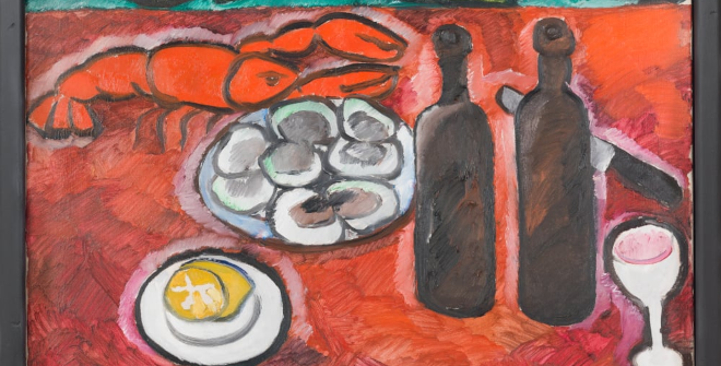 Natalia Goncharova, Nature morte au homard [Naturaleza muerta con bogavante], 1909-1910. Centre Pompidou, París. Musée national d’art moderne / Centre de création industrielle AM 81-65-857 © Natalia Goncharova, VEGAP, Barcelona, 2025. Fotografía: © Centre
