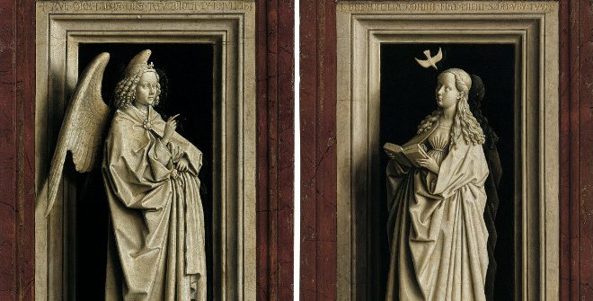 Jan van Eyck. Díptico de la Anunciación hacia 1433 - 1435. Óleo sobre tabla. Ala izquierda (El arcángel san Gabriel): 38,8 x 23,2 cm; ala derecha (La Virgen María): 39 x 24 cm. Museo Nacional Thyssen - Bornemisza