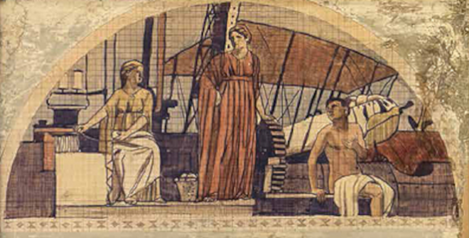 Joaquín Torres-García (Montevideo, 1874-1949): La Catalunya industrial, 1917. Esbozo para el quinto fresco del Salón de Sant Jordi del Palau de la Generalitat de Catalunya. Acuarela, lápiz y tinta sobre papel/cartón. Generalitat de Catalunya​​​​​​​