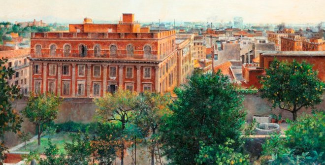 Isabel Quintanilla. Roma (La casa roja), 1962. Óleo sobre lienzo, 78 × 108 cm. Colección privada, Madrid © Isabel Quintanilla. VEGAP, Madrid, 2024. Crédito fotográfico Jonas Bel
