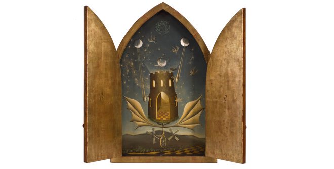 Remedios Varo. Icono, 1945. Óleo, incrustaciones de nácar y pan de oro sobre madera