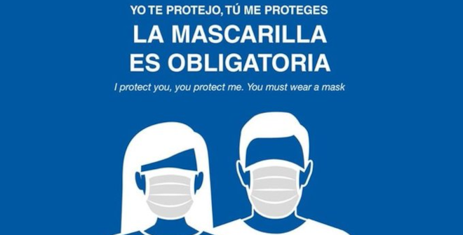 Mascarillas obligatorias en el transporte público. Yo te protejo, Tú me proteges / I protect you, you protect me. You must wear a mask