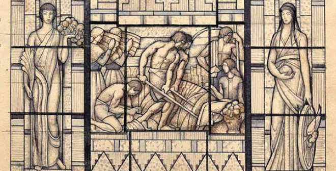 Maumejean Hermanos, Madrid (1923-1970). Bocetos para vidriera del vestíbulo de entrada de la ampliación del Banco de España. Acuarela y lápiz sobre papel. Museo Nacional de Artes Decorativas, depositados en la Fundación Centro Nacional del Vidrio