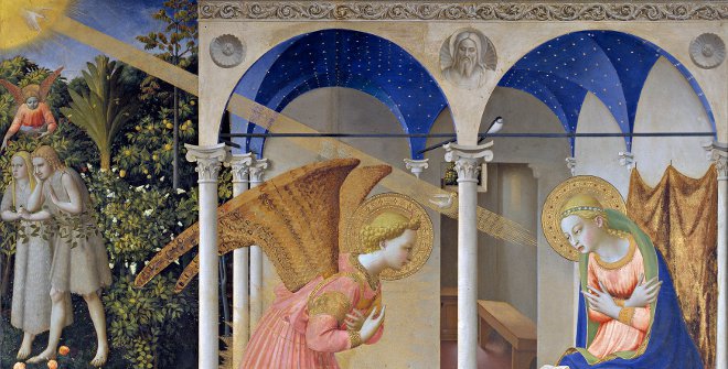 La Anunciación. Fra Angelico. Témpera sobre tabla. 162,3 x 191,5 cm. Hacia 1426. Museo Nacional de Prado, Madrid
