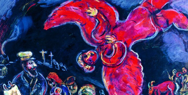 Marc Chagall Estudio para La Chute de l’ange [La caída del ángel], 1934 Óleo sobre cartón 37,5 × 48,5 cm Colección particular © Marc Chagall / VEGAP, Madrid, 2024 © Archives Marc et Ida Chagall, Paris