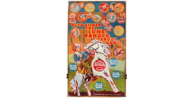 Al Hansen. Hi-Yo Silver The Lone Ranger, 1938. Color litograph on tin with corrugated cardboard backing. 68.6 x 40.6 cm. SEP Collection / Emily Harvey Foundation Collection, New York
