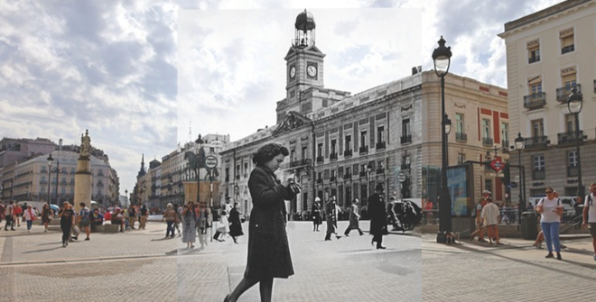Paseo por la Puerta del Sol y Casa del Reloj. Fotografía en blanco y negro: Autor desconocido. Fuente: Madrid Antiguo (Facebook).