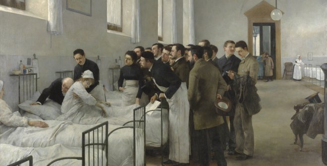 Una sala del hospital durante la visita del médico en jefe&lt;/em&gt;. Luis Jiménez Aranda. Óleo sobre lienzo. 1889. Madrid, Museo Nacional del Prado, P-7342