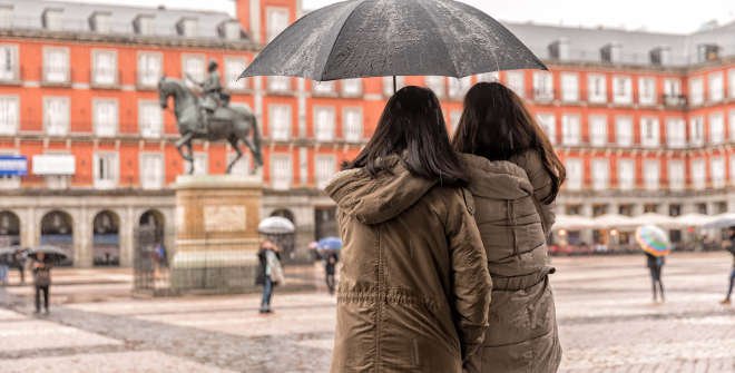 Madrid con lluvia. Plaza Mayor