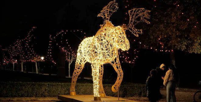 Reno iluminado en el parque de El Retiro. Navidad Madrid 2024