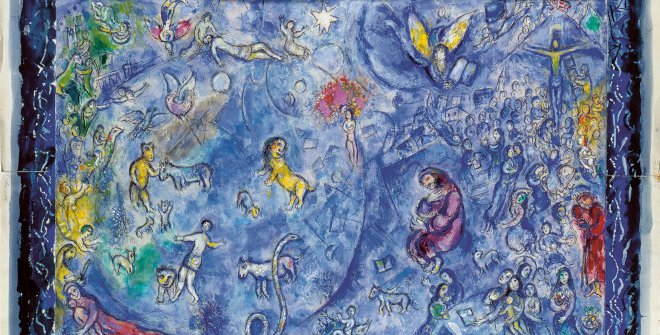 Marc Chagall Boceto definitivo para La Paix [La paz], vidriera de la ONU, Nueva York, 1963 Gouache, acuarela, tinta y lápiz negro sobre papel 69,2 × 107 cm Colección particular © Marc Chagall / VEGAP, Madrid, 2024 © Archives Marc et Ida Chagall, Paris​​​​