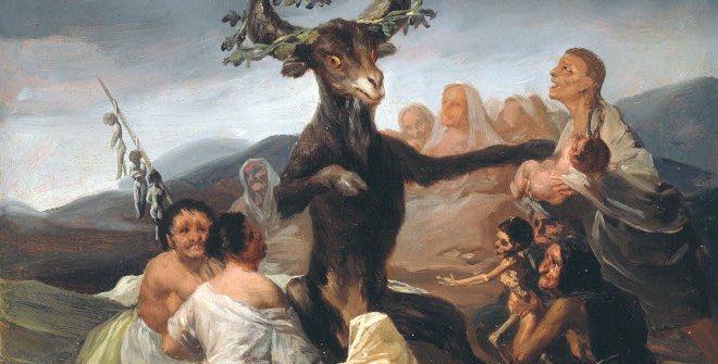 Francisco de Goya: El aquelarre, 1797-1798. Óleo sobre lienzo a partir de un fresco. 43 cm × 30 cm. Museo Lázaro Galdiano