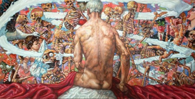 Jan Valdés Tellez, “Naturaleza muerta con cuerpo”, óleo sobre lino, 80x162cm, 2025