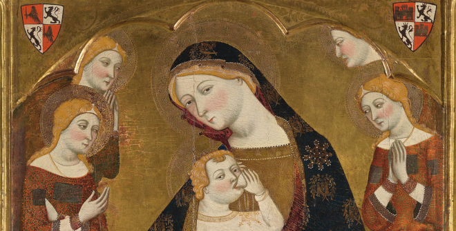 Detalle de Virgen de Tobed con los donantes Enrique II de Castilla, su mujer, Juana Manuel, y dos de sus hijos, Juan y Juana?. Jaume Serra. 1359 - 1362. Temple sobre tabla. Madrid, Museo Nacional del Prado.