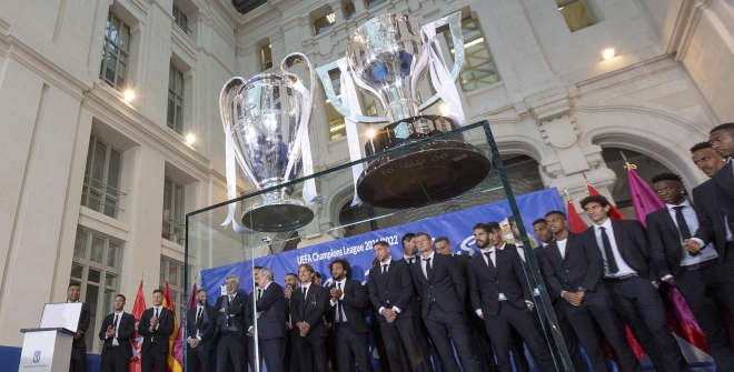 Recepción del Real Madrid, campeón de la Champions League 2021-2022, en la Galería de Cristal del Palacio de Cibeles. Ayuntamiento de Madrid