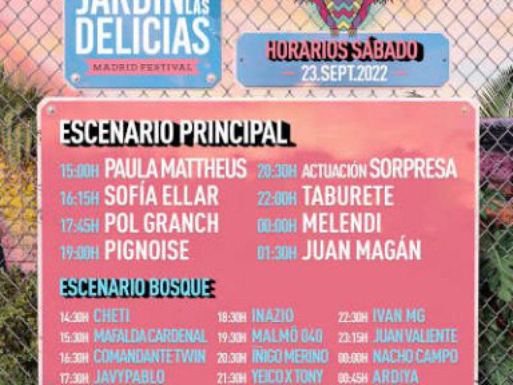Horarios Festival Jardín de las Delicias 23 septiembre 2023