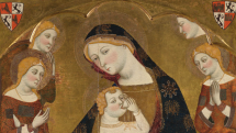 Detalle de Virgen de Tobed con los donantes Enrique II de Castilla, su mujer, Juana Manuel, y dos de sus hijos, Juan y Juana?. Jaume Serra. 1359 - 1362. Temple sobre tabla. Madrid, Museo Nacional del Prado.