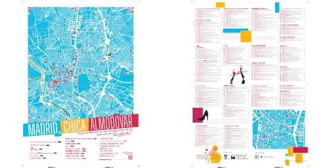 Mapa Madrid, chica Almodóvar, publicado por Ocho y Medio Libros de Cine y patrocinado por Madrid Film Office, oficina del audiovisual del Ayuntamiento