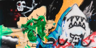 Robert Nava. Tormenta en el Río rojo, 2023. Acrílico, lápiz graso y óleo sobre lienzo. 195,6 x 233,7 cm. Cortesía del artista y de Pace Gallery, Nueva York. Foto: Richard Gary, cortesía Pace Gallery