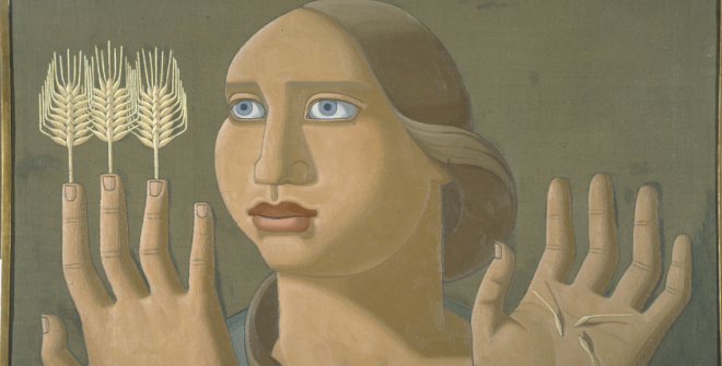Maruja Mallo. Sorpresa de trigo, 1936. Óleo sobre lienzo, 66 x 100 cm. Colección particular. © Maruja Mallo, VEGAP, Madrid, 2025.
