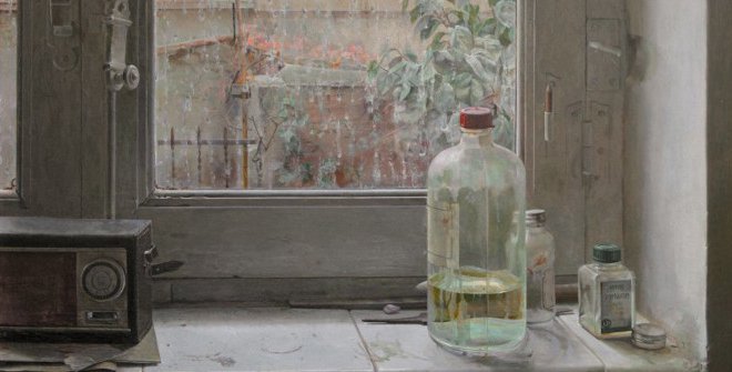 Isabel Quintanilla. Ventana con lluvia, 1970. Óleo sobre lienzo, 52,5 × 65 cm. Colección privada © Isabel Quintanilla. VEGAP, Madrid, 2024