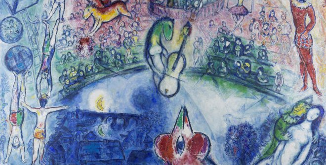 Marc Chagall Commedia dell’arte, 1959 Técnica mixta sobre lienzo 255 × 400 cm Adolf und Luisa Haeuser-Stiftung für Kunst- und Kulturpflege, Hattersheim am Main (Alemania) © Marc Chagall / VEGAP, Madrid, 2024​​​​​​​