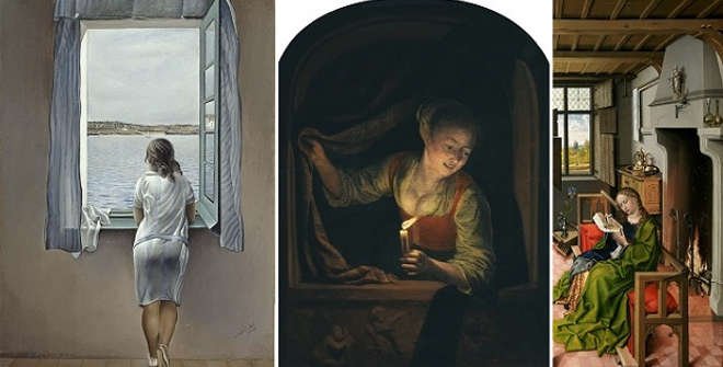 Muchacha asomada a la ventana, 1925. Salvador Dalí. VEGAP. Madrid, 2020. Joven con Vela, 1658-1665. Gerrit Dou. Santa Bárbara, 1438. Robert Campin