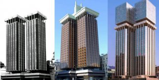 Torres Colón (© luis vidal + arquitectos). Las torres en 1976, 1990 y recreación para 2023.