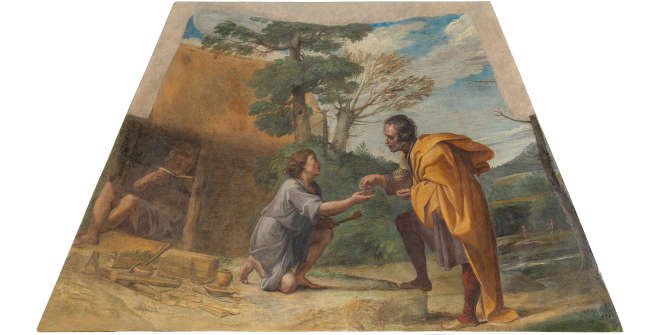 San Diego de Alcalá recibiendo limosna ANNIBALE CARRACCI y FRANCESCO ALBANI Pintura mural trasladada a lienzo, 126 x 222 cm 1604-5 Madrid, Museo Nacional del Prado