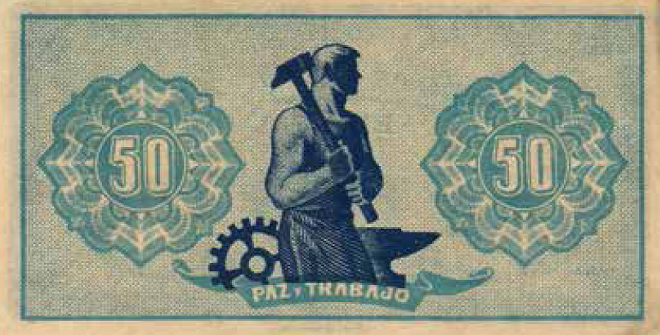 Billetes del Consejo de Asturias y León de 50 céntimos, c. 1937. Originales, impresos por procedimiento litográfico. Impr.: Control de Litografía, Gijón, en la imprenta Artes Gráficas. AHBE, Colección de Billetes​​​​​​​