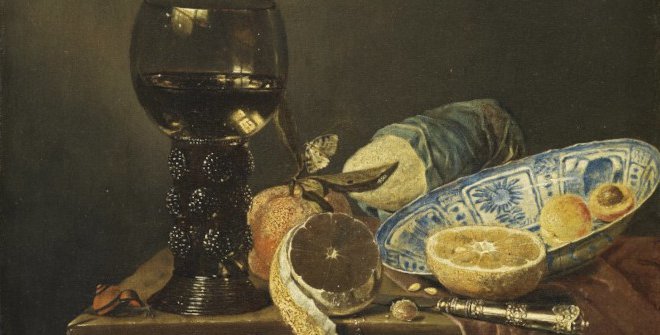 Jan Jansz. van de (atribuido) Velde iii. Bodegón con fuente china, copa, cuchillo, pan y frutas, c. 1650-1660. Óleo sobre lienzo. 44,7 x 38,8 cm. © Museo Nacional Thyssen-Bornemisza, Madrid